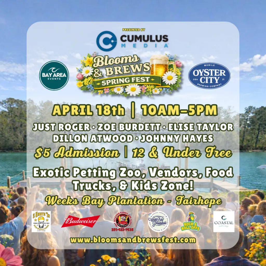 advertisement post of Blooms & Brews Spring Fest - includes date and details. 4/18 10-5pm with live music, exotic petting zoo, vendors, food trucks, and kids zone. $5 admission, 12 & under free. Weeks Bay Plantation
