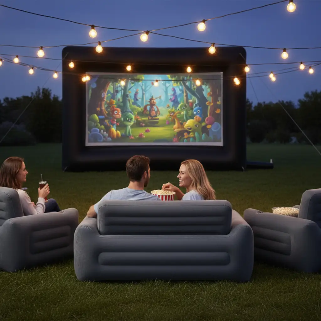 people sitting on inflatable outdoor furniture outside watching a movie on a 24' screen