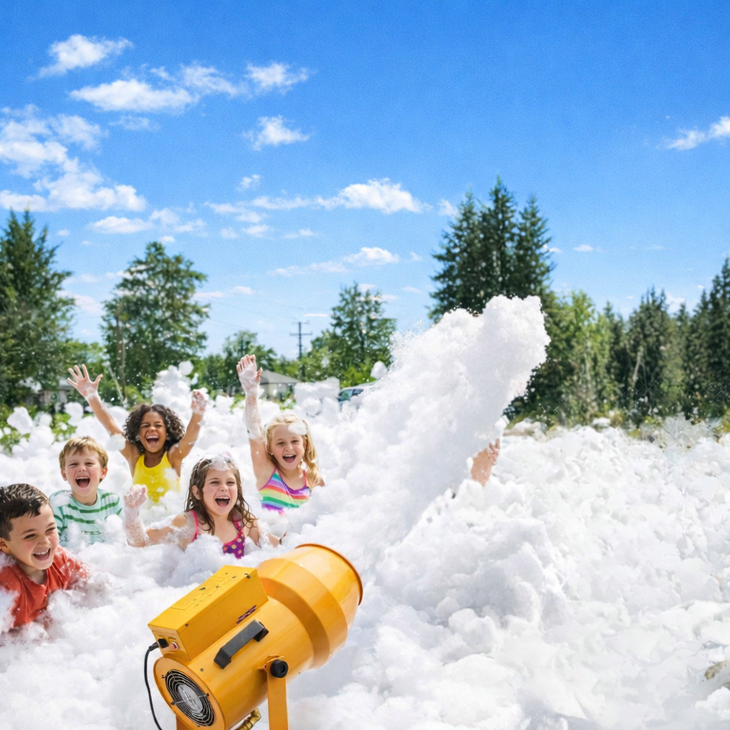 kids playing in foam and a foam cannon