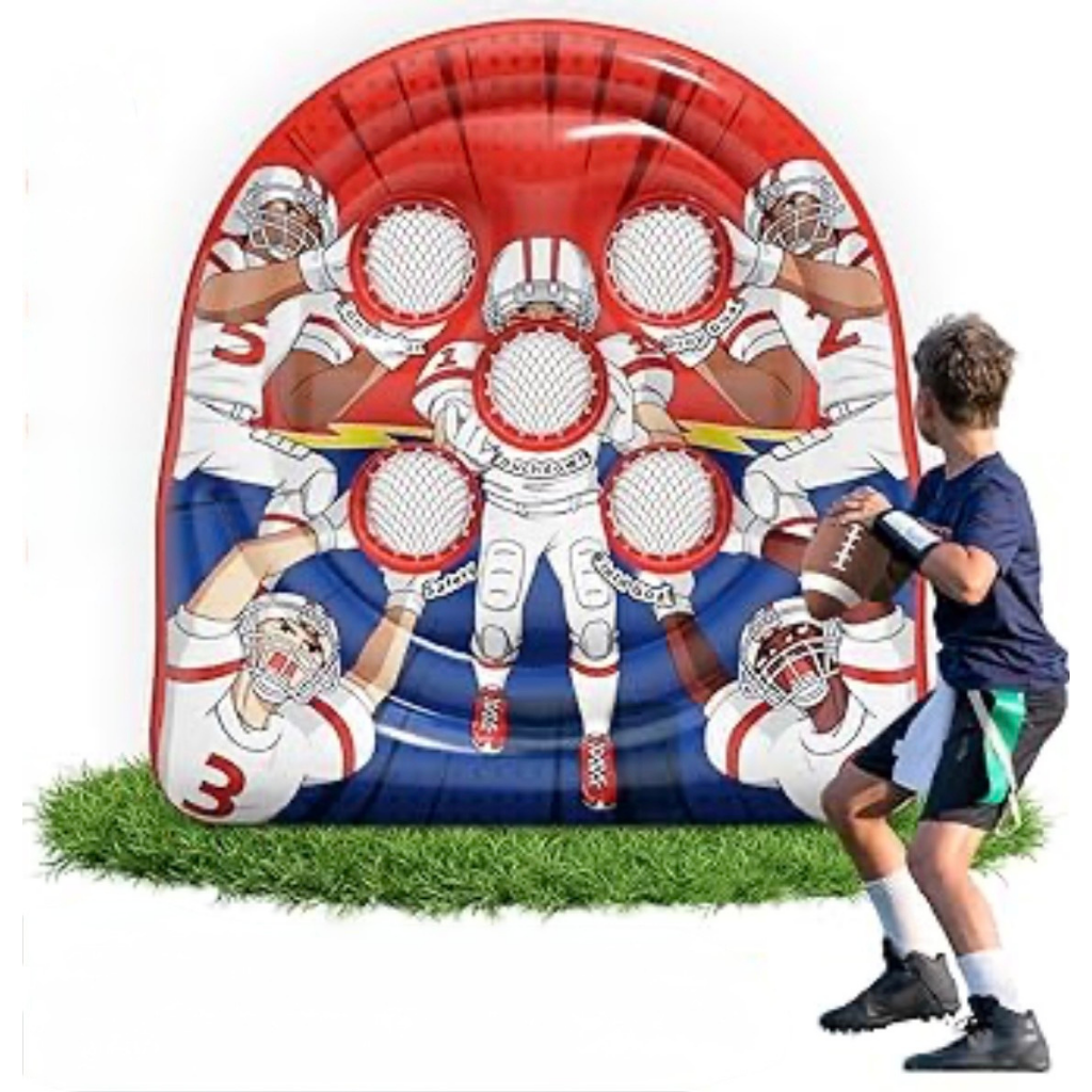 kid throwing a football at inflatable football toss target