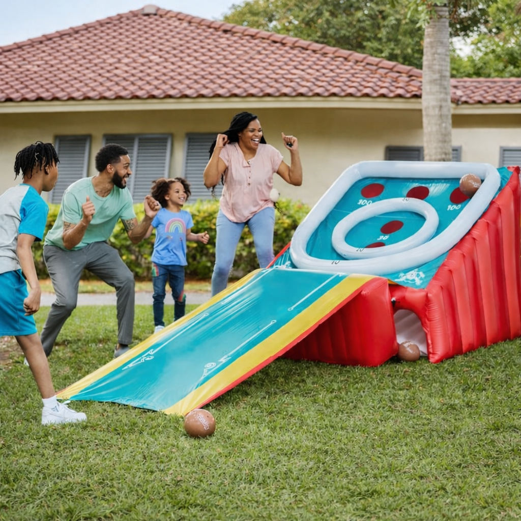 family playing giant inflatable skee ball