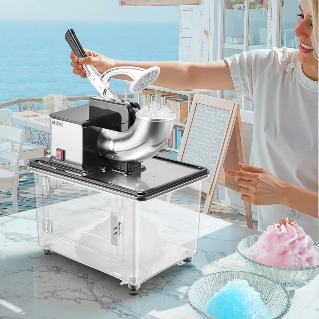 woman making snow cones with snow cone machine