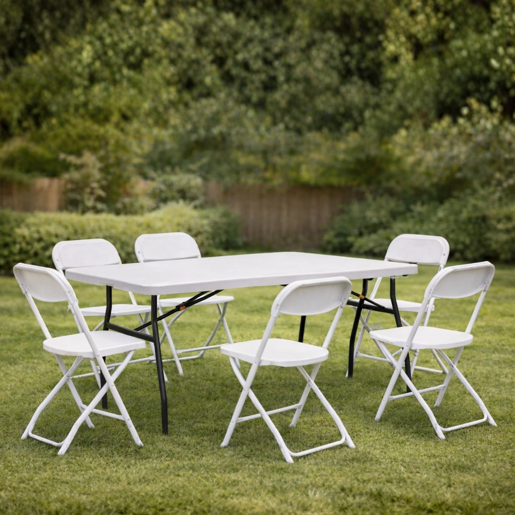 white folding table with white chairs outside